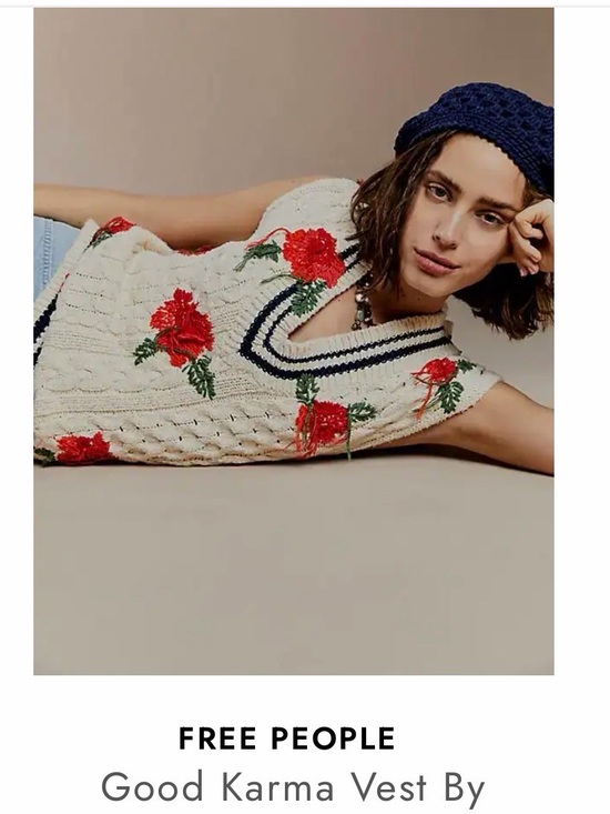 Free People Sweaters - Free People Good Karma Cream Cable Knit Vest with Red Rose Embroidery, Sz S New